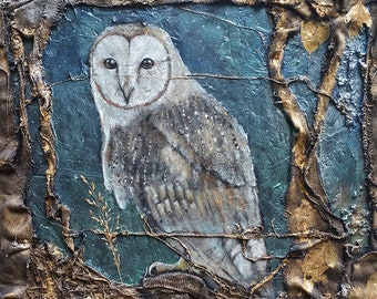 Barn owl, wildlife, nature, original oil and mixed media painting on chipboard