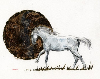 Running lipizzan horse, equine art, original pen and watercolour painting with golden leaf