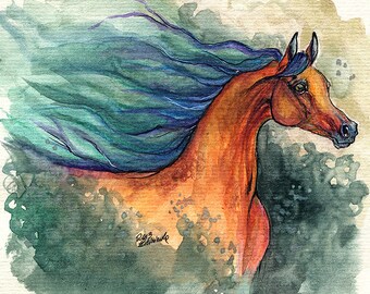 Bay arabian horse original pen and watercolor  painting