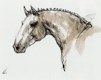 Horse portrait, equine art, original ink drawing on paper