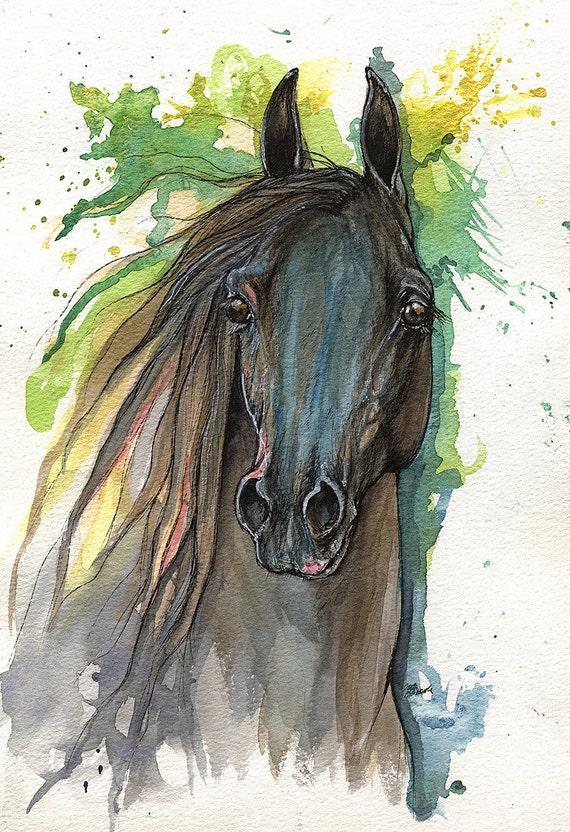 Horse running Original watercolor,ink drawing,equestrian equine,stallion,  animal