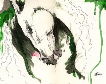 Wild horse, equine art, equestrian portrait,  ink and acrylic painting on paper