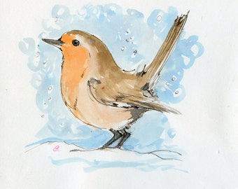 Robin, wildlife art, original ink painting on paper