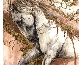 Andalusian Horse, horse art, equine painting, equestrian portrait,  original gilded watercolour painting