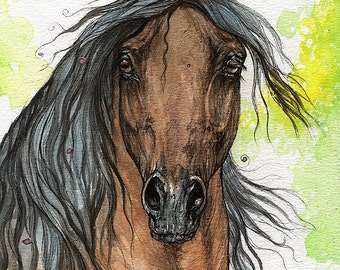 Bay arabian horse watercolor painting