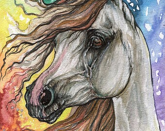 Rainbow horse watercolor painting