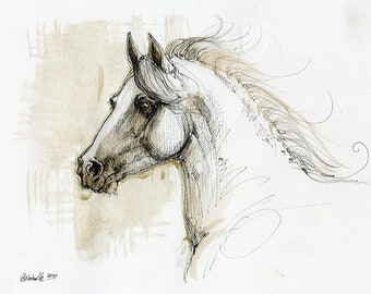 Horse portrait, original pen and watercolors drawing