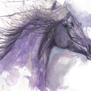 Black horse, equine art, horse portrait, cheval, equestrian, original watercolor painting image 1