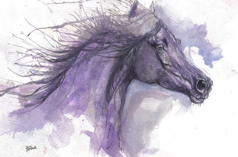 Black horse, equine art, horse portrait, cheval, equestrian, original watercolor painting image 1