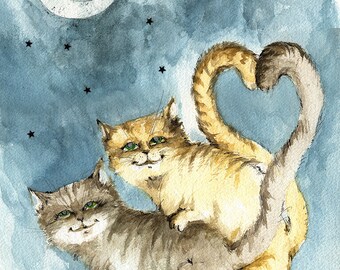 cats, feline, cute cats, kitty,  kitties in love, original pen and watercolor painting