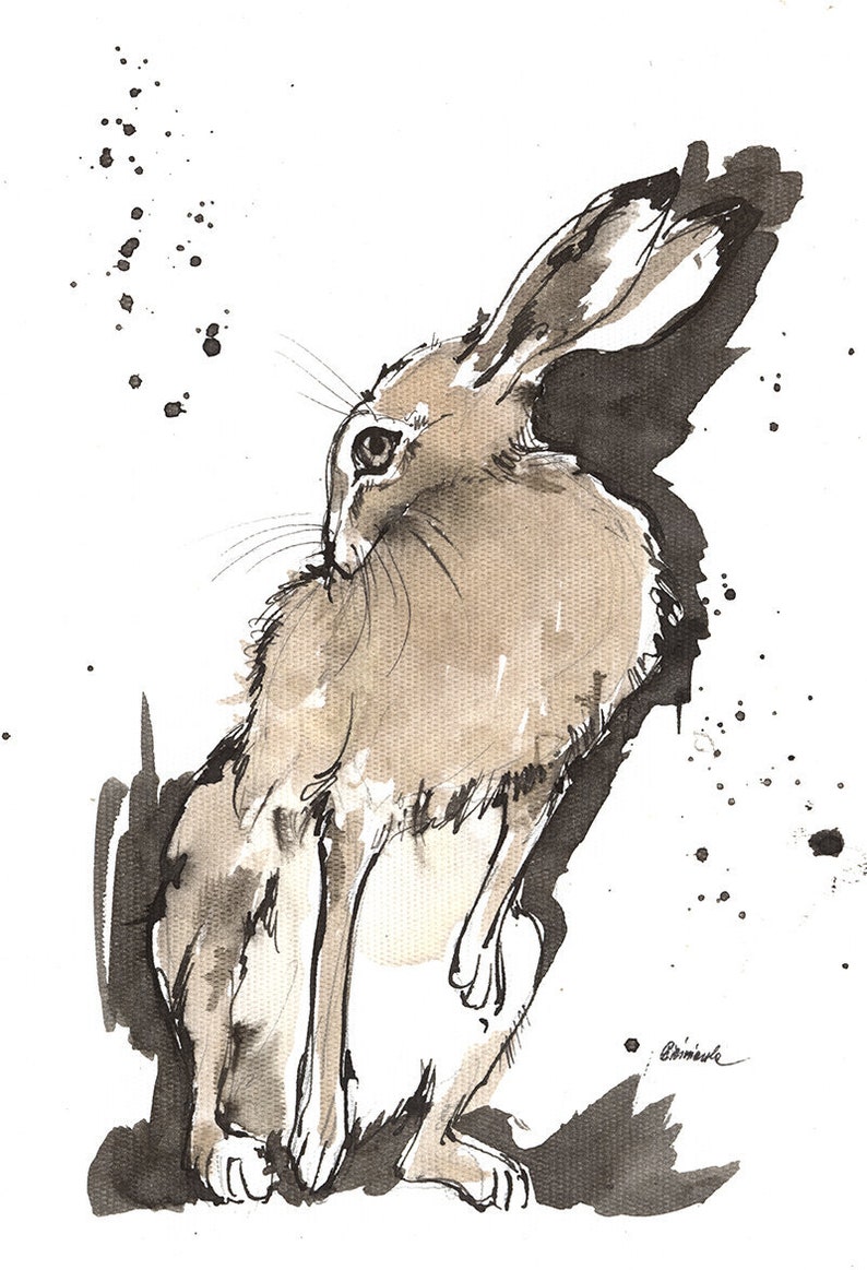 Grooming hare, rabbit, bunny, original ink painting on paper image 1