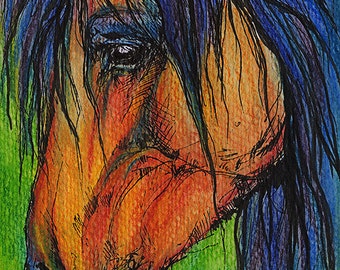 Bay horse, equine art, horse portrait,  pen and watercolor pencils original painting