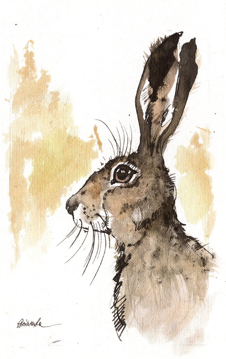 Hare, rabbit, bunny, original ink painting on paper image 1