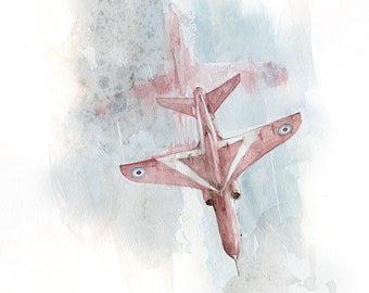 Red Arrows, aviation, original watercolor painting