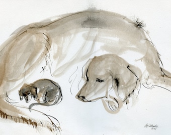 Sleeping dogs, canine art, original ink painting