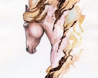 Horse head, equine art, Original gilded watercolour painting