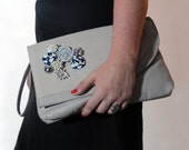 Upcycled Purse Embellished Clutch Vintage Gray Evening Bag Rosettes Recycled Jewelry Repurposed Womens Purses Funky Accessory Navy Silver