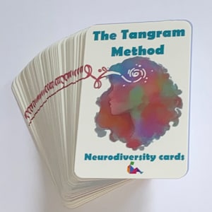 May include: A deck of cards with the title "The Tangram Method Neurodiversity cards". The cards feature a colorful illustration of a person's head with a swirl inside.