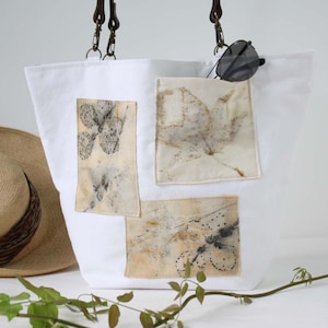Handmade White Canvas Tote Bag: Eco-Print Patches & Leather Handles