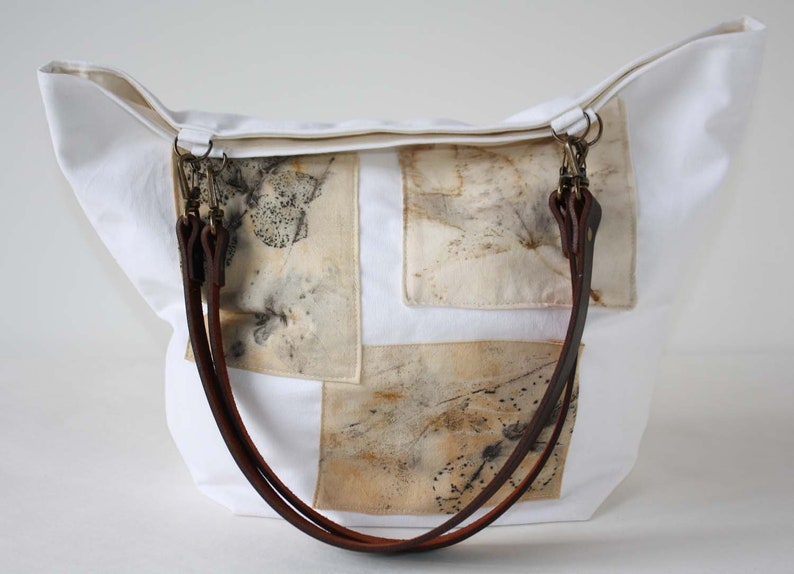 White Canvas Handbag With Ecoprint Patches and Leather Handles