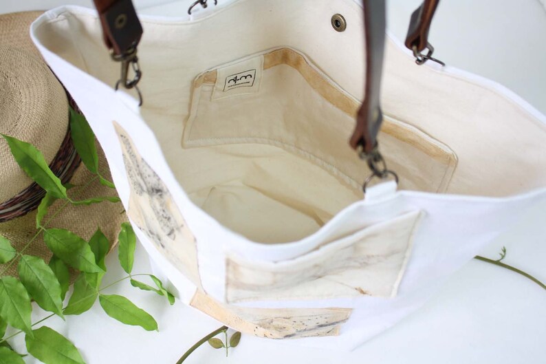 White Canvas Handbag With Ecoprint Patches and Leather Handles