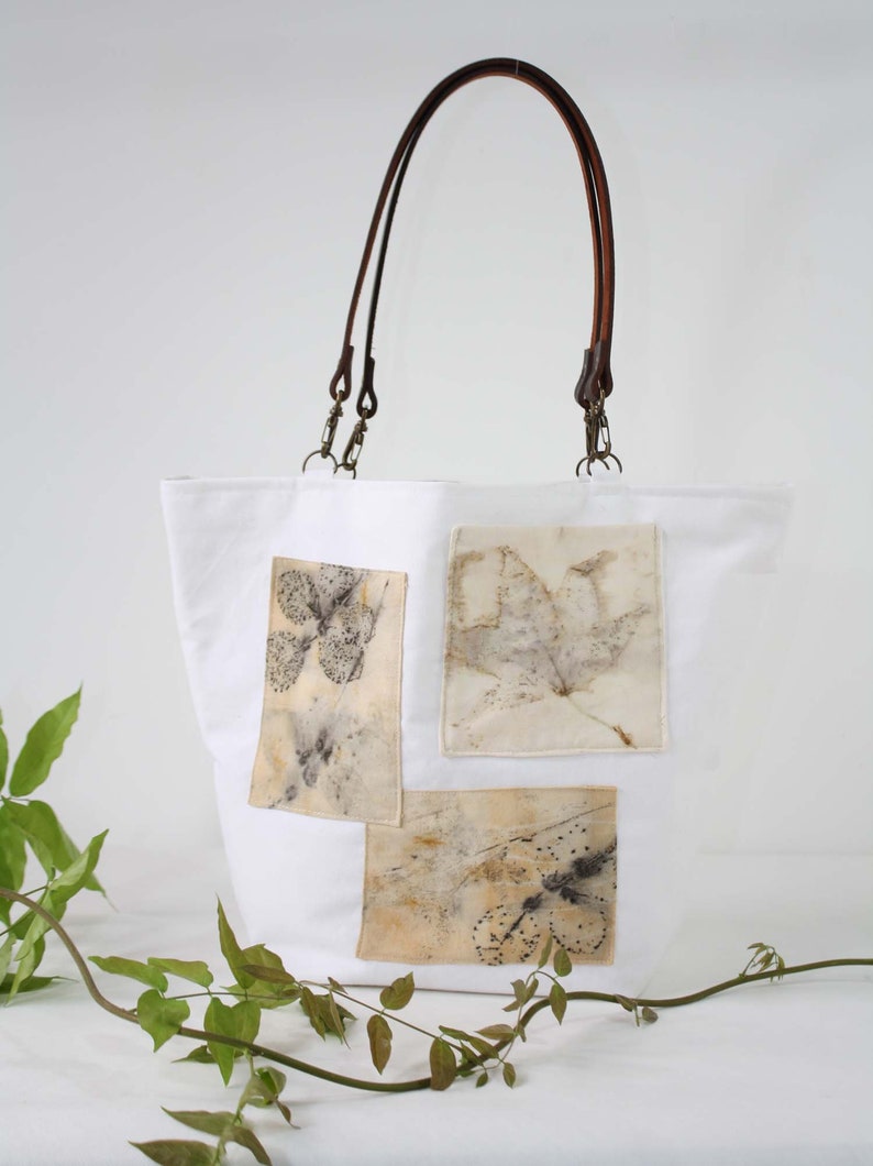 White Canvas Handbag With Ecoprint Patches and Leather Handles