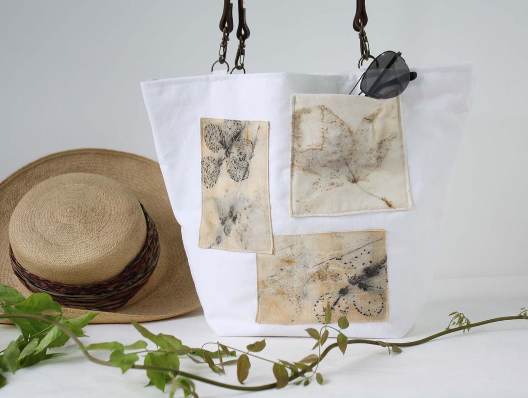 White Canvas Handbag With Ecoprint Patches and Leather Handles