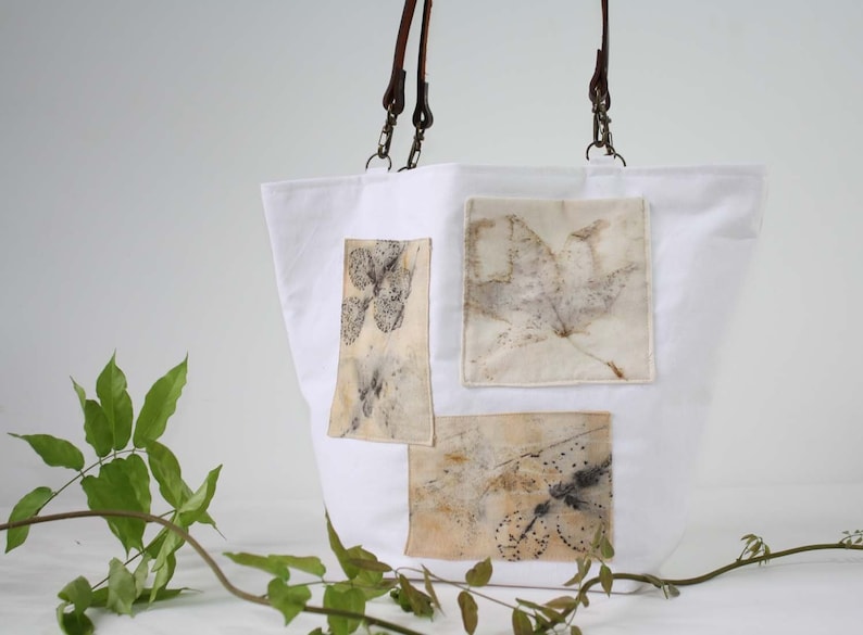 White Canvas Handbag With Ecoprint Patches and Leather Handles