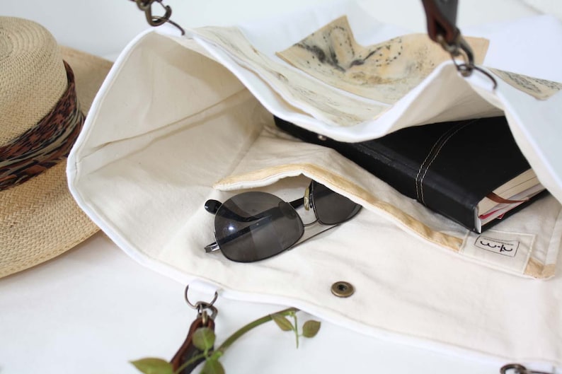 White Canvas Handbag With Ecoprint Patches and Leather Handles