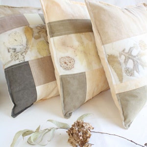 Cushion Covers organic dyes and prints -patchwork in yellow, brown, green hues -ecoprint from different leaves -decorative pillow-48cm 18.5"
