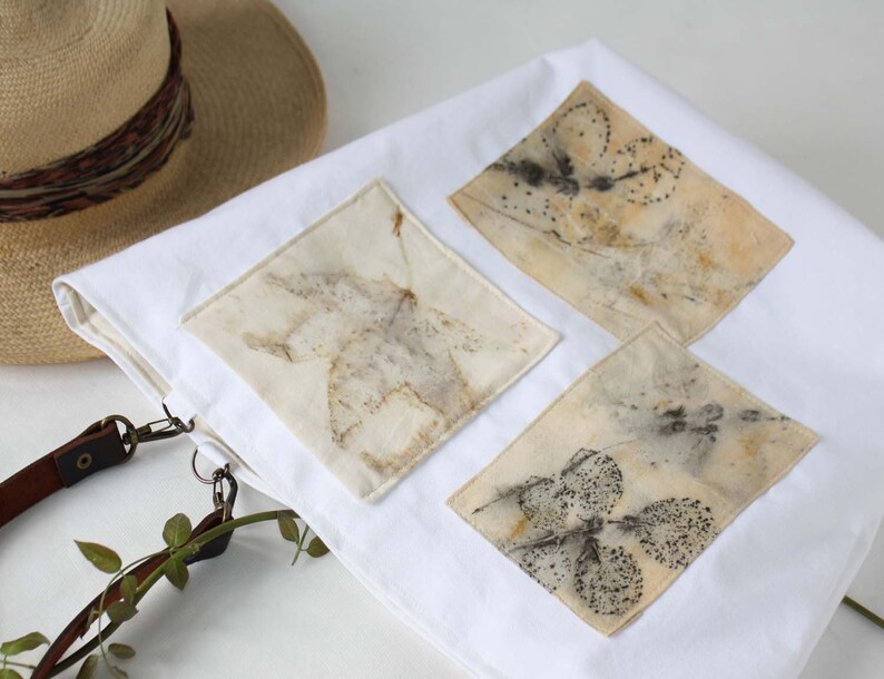 White Canvas Handbag With Ecoprint Patches and Leather Handles