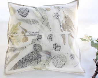 Eco-print cushion cover -eucalyptus ,cotinus and oak leaves organic print- decorative pillow 19x19 inches -Natural colors botanic print