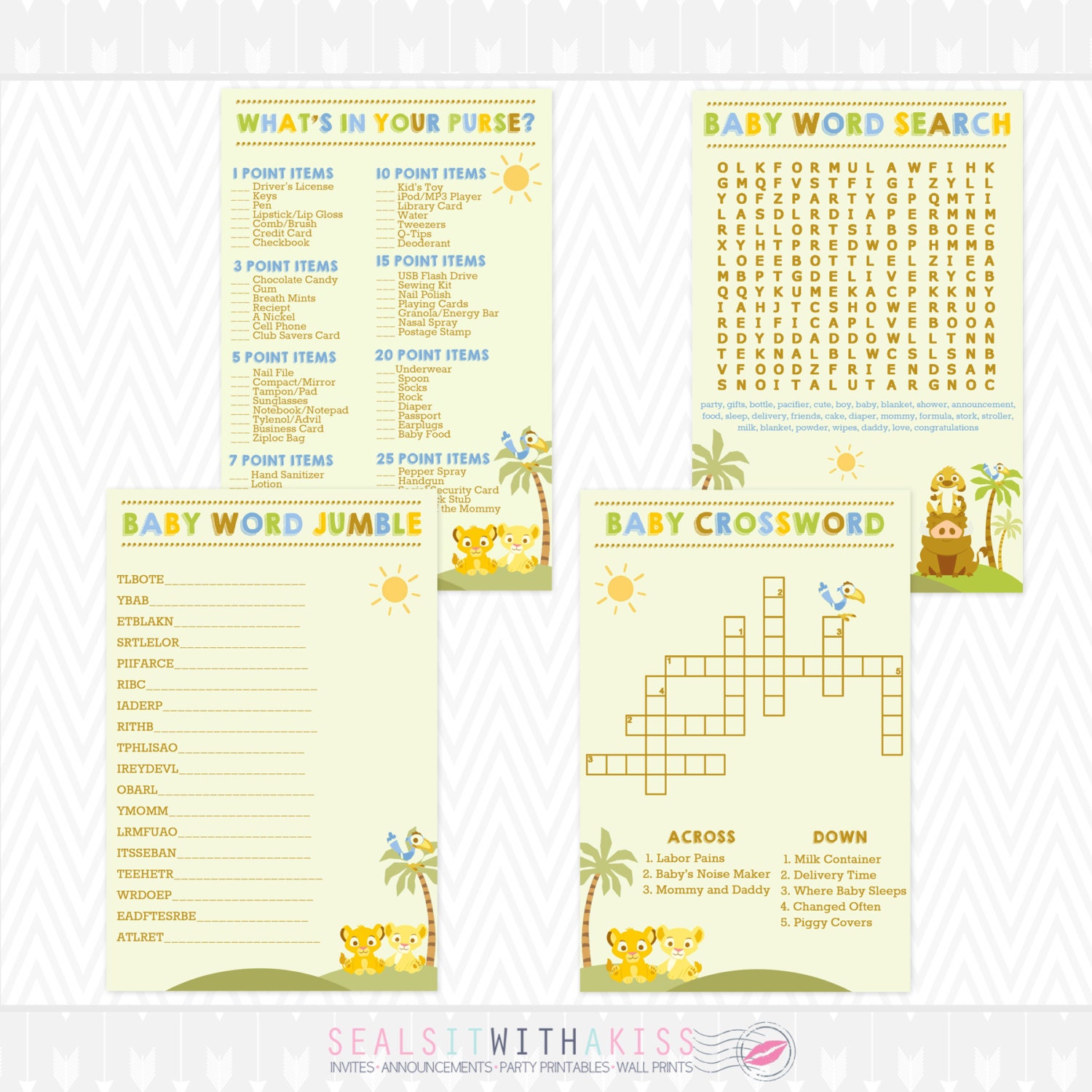 Baby Lion King Baby Shower Game Bundle crossword, Word Search, Word ...