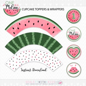 May include: Watermelon themed cupcake toppers and wrappers. The toppers feature a watermelon slice with the number 1, a watermelon slice with the words "One in a Melon", a watermelon slice in a heart shape, and a watermelon slice with a red drip. The wrappers feature a watermelon slice, a green and white striped watermelon, and a white background with pink hearts.