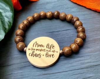 Mom Life - Wood Bead Engraved Bracelet