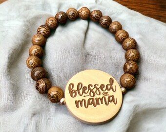 Blessed Mama Wood Bead Engraved Bracelet