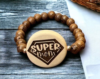 Super Mom - Wood Bead Engraved Bracelet