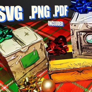 May include: Several gift boxes with a cartoon-like design, each adorned with a colorful bow. The boxes are in various shapes and sizes, with a mix of brown, gray, and yellow tones. The background features a red and green plaid pattern.