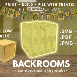 Könnte beinhalten: Eine druckbare Loot-Box als digitaler Download mit einem gelben Wandmuster und vertikalen Pfeilmotiven. Das Bild enthält den Text: PRINT BUILD FILL WITH TREATS! Printable LOOT BOX, YELLOW WALLS, SVG VECTOR, PDF VECTOR, PNG 300dpi, BACKROOMS.
