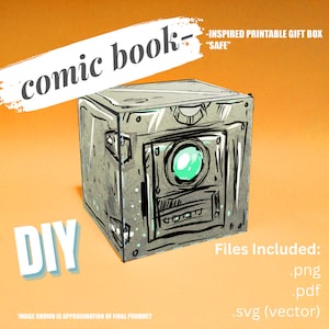 Puede incluir: Una caja de regalo imprimible de bricolaje con temática de cómic. La caja es gris con contornos negros y un diseño circular verde. El texto de la imagen incluye "comic book", "DIY" y "SAFE". La imagen también enumera los tipos de archivos incluidos: .png, .pdf y .svg.