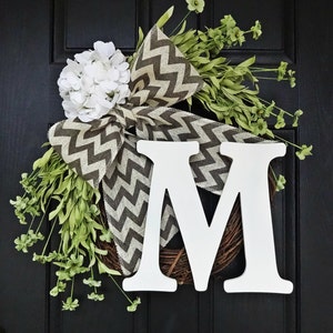 Spring and Summer Wildflower, Hydrangea, and Gray Chevron Burlap Wreath With White Monogram, Spring Hydrangea Wreath. Year Round Wreath