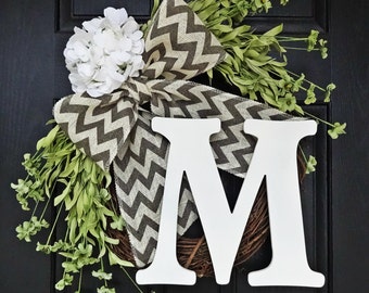 Spring and Summer Wildflower, Hydrangea, and Gray Chevron Burlap Wreath With White Monogram, Spring Hydrangea Wreath. Year Round Wreath