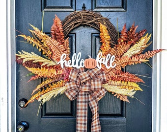Hello Fall Wreath, Orange Fern Wreath, Pumpkin Wreath, Autumn Wreath