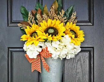 Fall Bucket Wreath, Sunflower Bucket Arrangment, Galvanzied Metal Decor, Fall Porch Decor, Autumn Door, Fall Hydrangea, Fall Magnolia