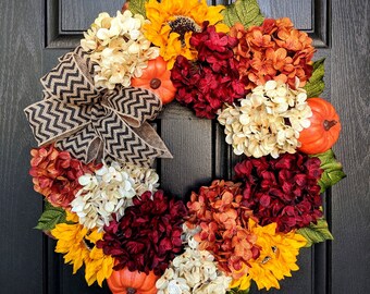 Full Fall Wreath, Autumn Wreath, Pumpkin Wreath, Sunflower Wreath, Fall Farmhouse, Farmhouse Wreath, Black Chevron, Chevron Bow, Porch Decor