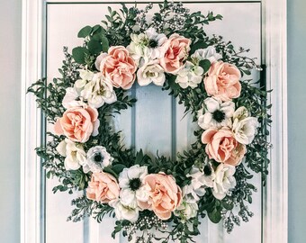 Pink and White Spring Peony Wreath, Greenery and Floral Wreath, Full Spring Wreath, Easter Wreath, Mother's Day Wreath