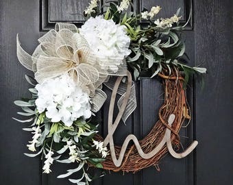 Summer Wreath, Olive Branch Wreath, White Hydrangea Wreath, Year Round Wreath, Hi Sign, Wreath with Hi Sign, Front Porch Wreath, Front Door