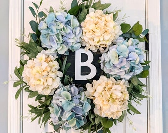 Blue and Cream Hydrangea Wreath, Spring Hydrangea Wreath, Monogram Wreath, Summer Wreath, Floral Wreath, Year Round Wreath, Wedding