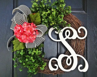 Pink Hydrangea and Boxwood Wreath, Stripe Wreath, Pink Summer Wreath, Pink Spring Wreath, Vine Letter Wreath, Black and White Stripes
