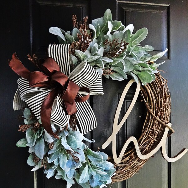 Farmhouse Wreath, Lambs Ear Wreath, Everyday Wreath, Fall Wreath, Hi Wreath, hello Wreath, Stripe Wreath, brown wreath, winter wreath